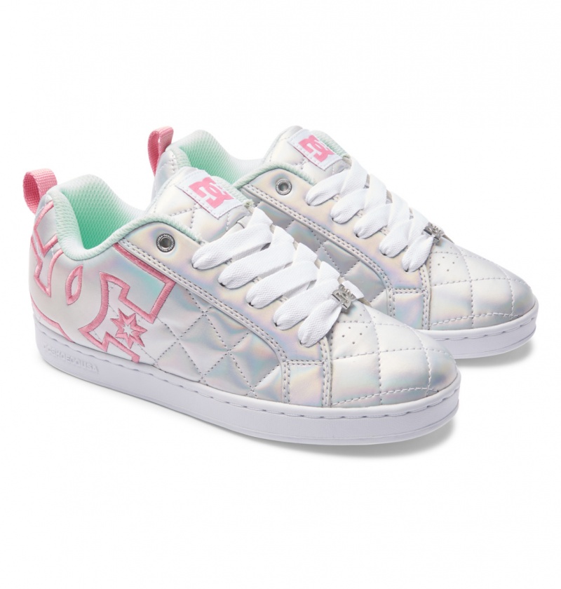 White / Metallic Silver / Pink DC Shoes Court Graffik SE - Leather Shoes | KOX-574213