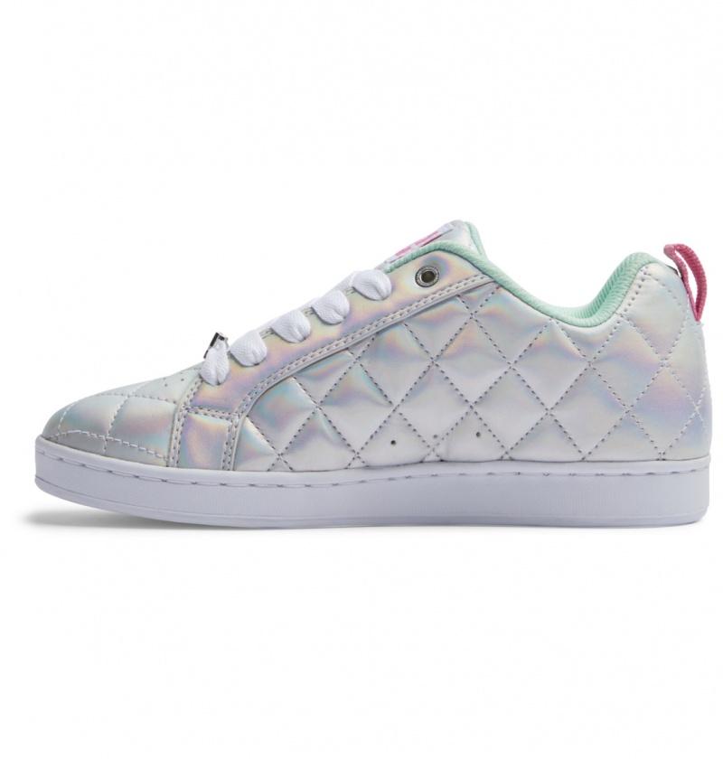 White / Metallic Silver / Pink DC Shoes Court Graffik SE - Leather Shoes | KOX-574213