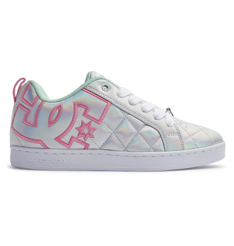 White / Metallic Silver / Pink DC Shoes Court Graffik SE - Leather Shoes | KOX-574213